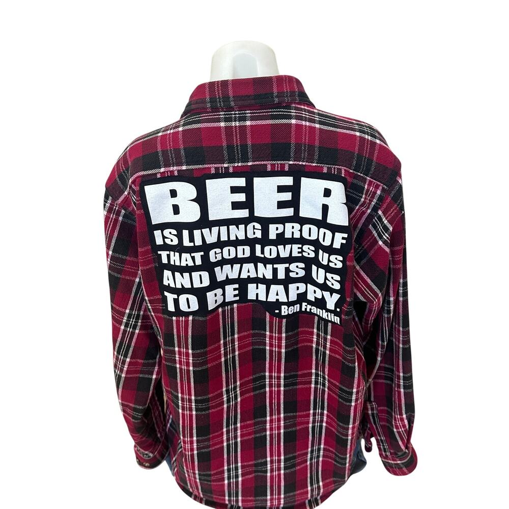 Beer Drinker Plaid Flannel Shirt 2XL Ben Franklin Quote Unique Tailgate Camping